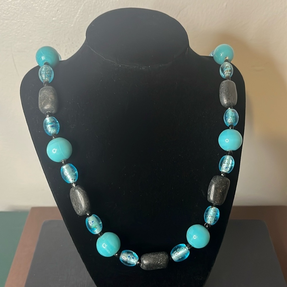 Vintage Blue Glass and Black‎ Stone Beaded Chunky Necklace